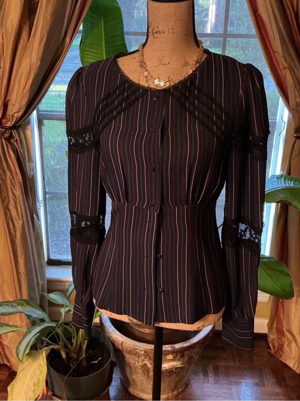 Navy Striped Lace-Trim Button-Front Blouse